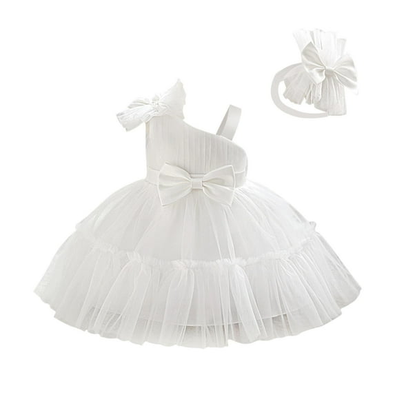 Moocorvic Toddler Girl Dress with Hairband, Baby Sling Puffy Skirt Bowknot Princess Dress for Wedding Birthday 9-12 Months,White