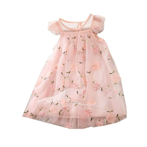 Moocorvic Toddler Girls Dresses Casual Sleeveless A Line Summer Flower Printed Tulle Dress 2-3 Years,Light Pink