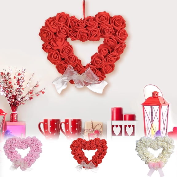 Moocorvic Valentine's Day Artificial Rose Wreath, 14 Inch Heart Shape Flower Wreath for Front Door, Window, Wall, Mother's Day, Wedding, Party Decor Gift