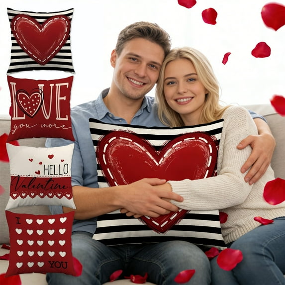 Moocorvic Valentine's Day Pillow Covers With Stripes Red Love Heart, Decorative Outdoor Cushion Case for Sofa Couch Farmhouse Holiday Anniversary Wedding Decoration