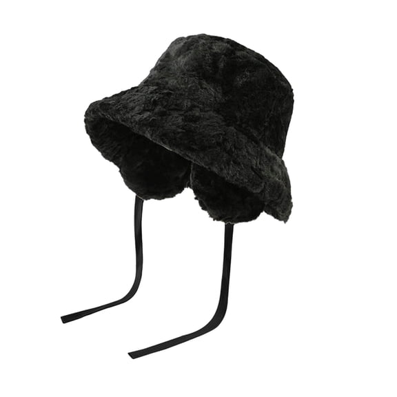 Moocorvic Winter Bucket Hat for Women, Faux Fur Soft Plush Hat with Drawstring,Black