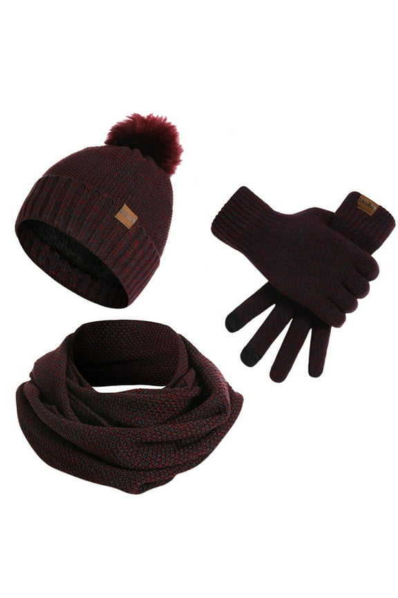 Winter Knit Beanie Hat Neck Warmer Scarf and Touch Screen Gloves Set 3 Pcs Valentine's Day Gifts for Men Women Mom,Wine