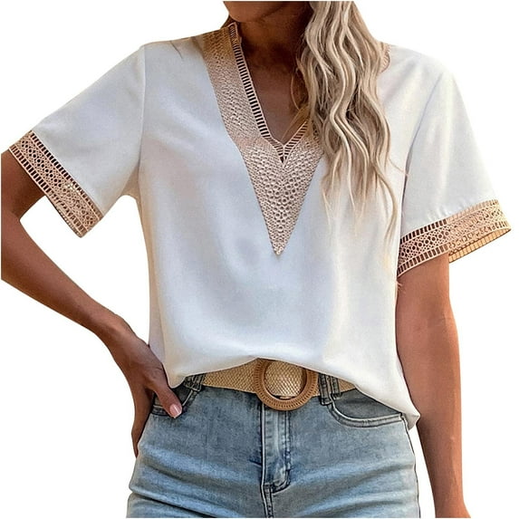 Moocorvic Women's Lace Deep V Neck Short Sleeve Shirt Colorblock Blouse Top Lace Trim Top Casual Blouse Shirts