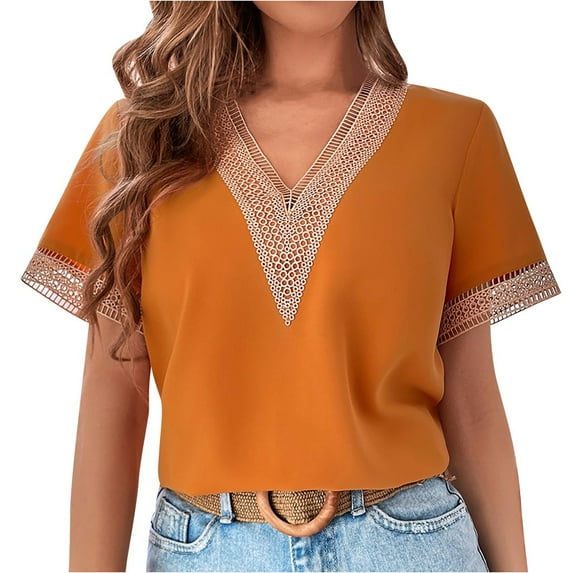 Moocorvic Women's Lace Deep V Neck Short Sleeve Shirt Colorblock Blouse Top Lace Trim Top Casual Blouse Shirts
