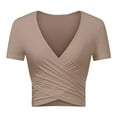 thumbnail image 1 of Moocorvic Women's Sexy Deep V Neck Short Sleeve Unique Slim Fit Cross Wrap Shirts Crop Tops Going Out Tops, 1 of 5