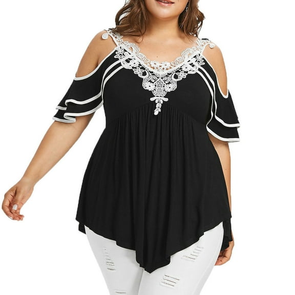 Moocorvic Womens T-Shirt Fashion Tops V-Neck Plus Size Lace Short Sleeve Trim Cutwork