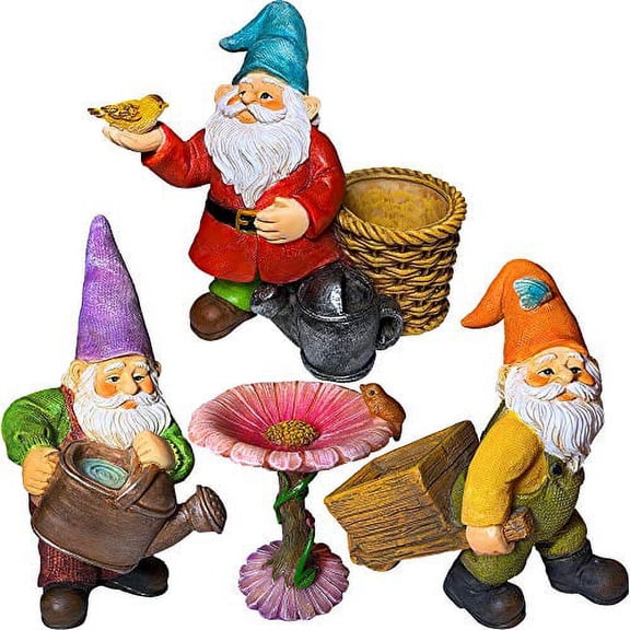 Mood Lab Miniature Gardening Gnomes Set of 4 pcs - 3,5" H Garden Gnome Figurines & Accessories - Kit for Outdoor or House Decor