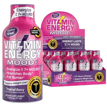 Mood Support Vitamin Energy Drink- Sugar Free, Keto/Vegan Friendly Shots, Mood Balancing with Rhodiola and Chamomile, Energize up to 7  Hours, Tropical Berry- 1.93 Fl Oz- Pack of 12