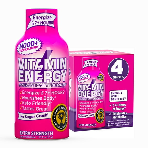Vitamin Energy Mood+ Extra Strength Shot, Tropical Berry, 4 Pack – 260mg Natural Caffeine, Rhodiola & B-Vitamins, Zero Sugar, 1.93 fl oz
