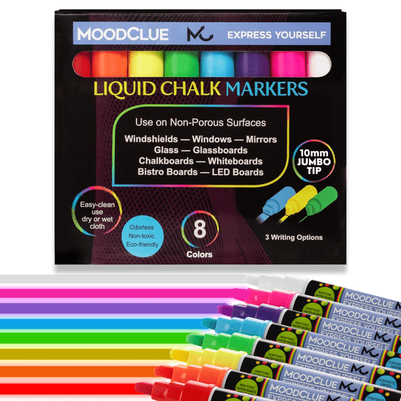 MoodClue Car Window, Glass Marker Pens. Bold Liquid Chalk for Auto Windshields, Mirrors, White + LED Boards. Washable, Erasable. Neon 8pk. 10mm Jumbo Tip - 3 Writing Options.
