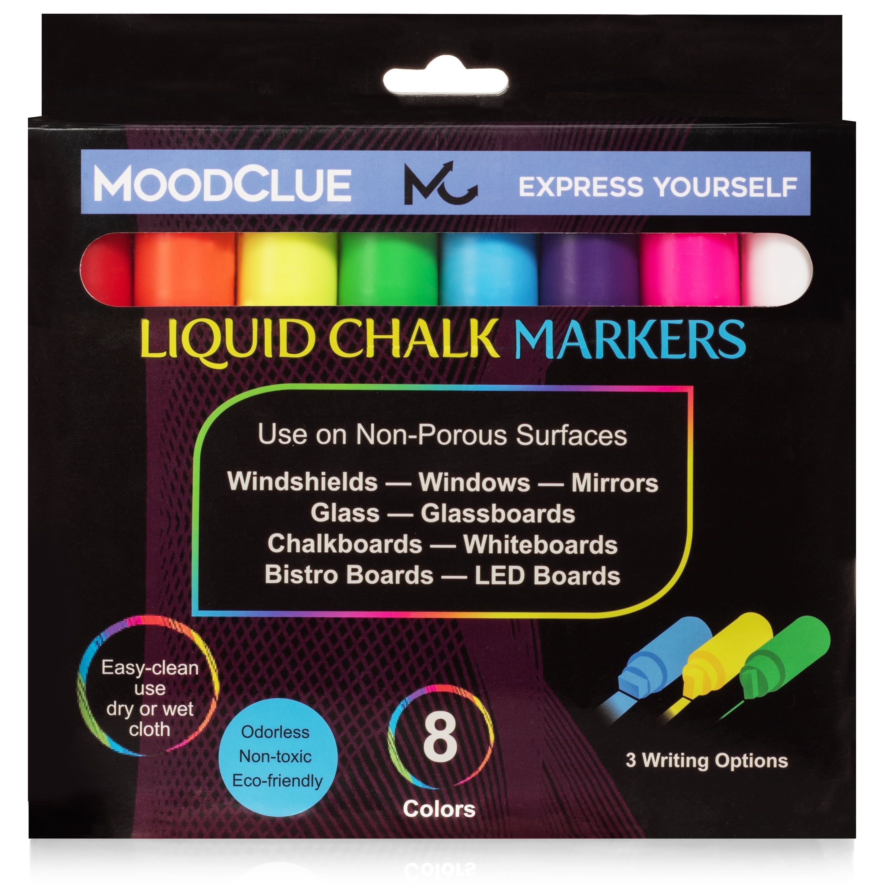 MoodClue Car Window, Glass Marker Pens. Bold Liquid Chalk for Auto Windshields, Mirrors, White + LED Boards. Washable, Erasable. Neon 8pk. 10mm Jumbo Tip - 3 Writing Options.