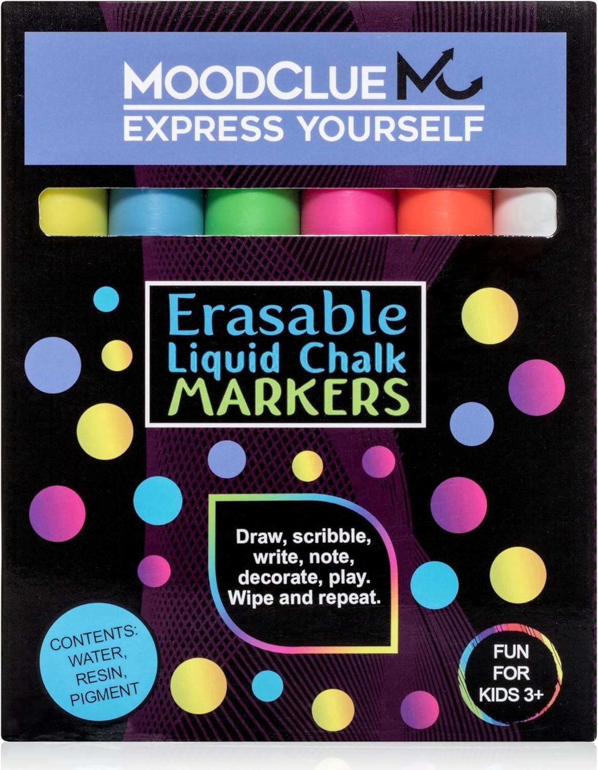MoodClue Liquid Chalk Markers, 6 Neon Colors, Reversible Tips, Easy-Clean Wet or Dry Erase, Non-Toxic