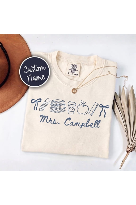 Unisex Personalized Teacher Name Coquette Back to School Garment-Dyed Graphic Tee