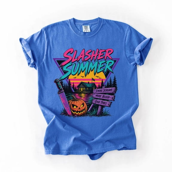 MoodThreads Studio Unisex Slasher Summer Retro 80s Horror Halloween Camp Garment-Dyed Graphic Tee