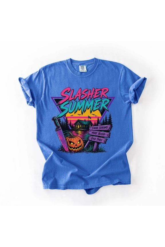 Unisex Slasher Summer Retro 80s Horror Halloween Camp Garment-Dyed Graphic Tee
