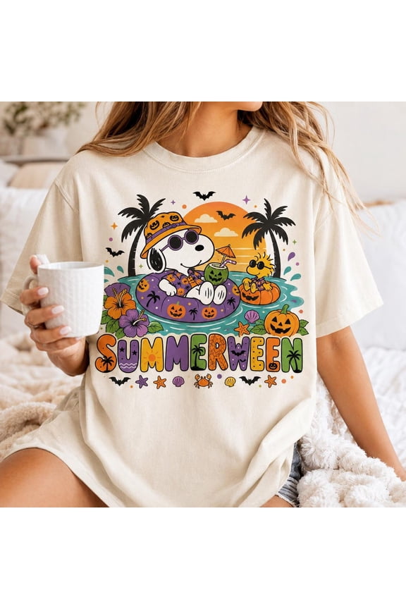 Unisex Summerween Cute Dog Spooky Summer Halloween Garment-Dyed Graphic T-Shirt