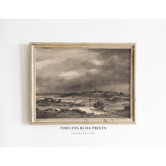 Moody Abstract Landscape Chalk Drawing Print Black Grey Antique Drawing Landscape Print Sketch Vintage Printable Art Poster Decor, Stretched Canvas Size 8x12 F03.1.22l162
