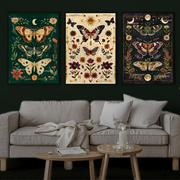 Moody Aesthetic Vintage Butterfly Set Of Three - Sun And Moon Butterfly Prints - Emerald Green, Black & Beige - Whimsigoth Gothic Moth Art Wall Art, Modern Wall Decor, 24x36 UNFRAMED