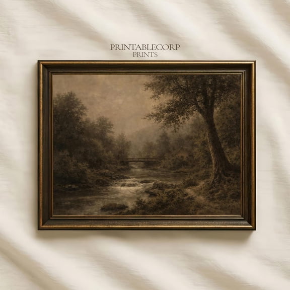 Moody Autumn Forest Bridge Print Dark Vintage River Landscape Wall Art Rustic Farmhouse Nature Decor Gothic Fall