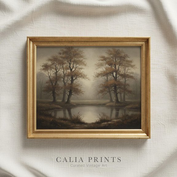 Moody Autumn Lake Landscape Vintage Farmhouse Fall Art, UNFRAMED Size 16x16