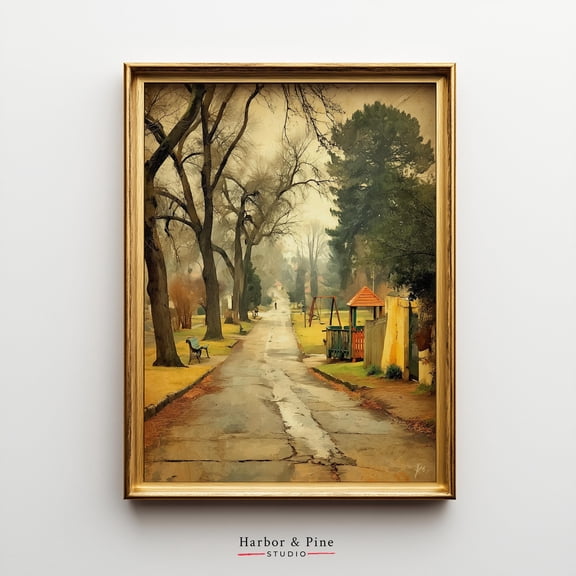 Moody Autumn Park Pathway Scene - Vintage Trees And Cracked Pavement Art, Rustic Landscape Wall Decor, Printable 849 UNFRAMED Poster, Wall Art for Decor, Present, 8x12