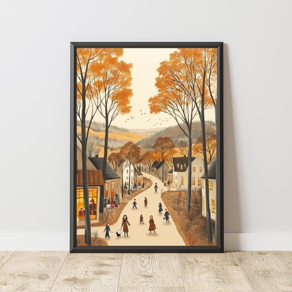 Moody Autumn Village Scene Art, Rustic Fall Landscape, 8x12 UNFRAMED