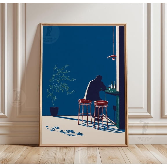 Moody Bar Scene Poster Minimalist Night Interior Wall Art Blue Cocktail Lounge Illustratio