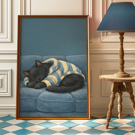 Moody Black Cat Blue Couch Bedroom Decor Poster Unframed Paper Print