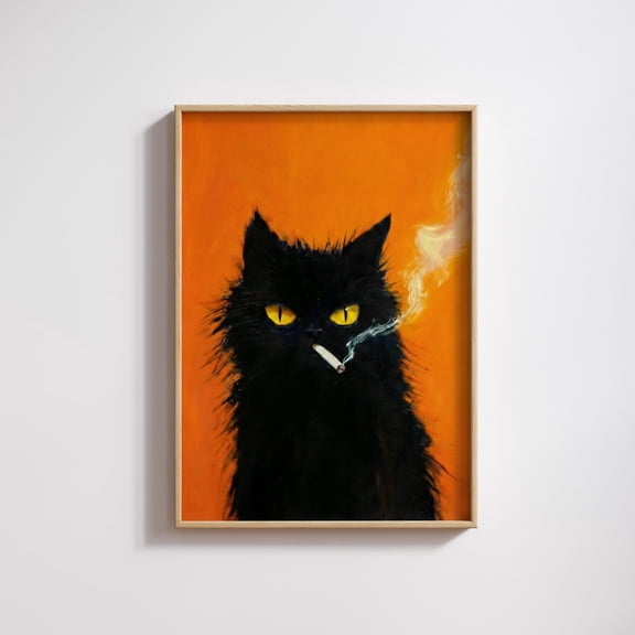 Moody Black Cat Smoking Cigarette Vintage Retro Whimsical Animal Orange Decor Bar Cart Art, Unframed Canvas