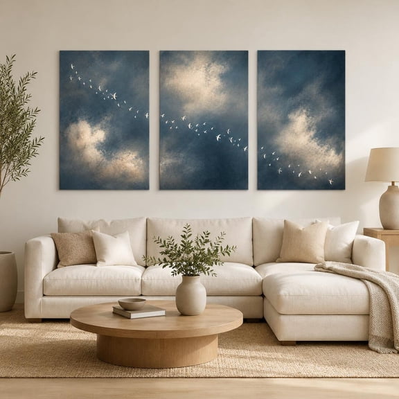 Moody Blue Bird Wall Art Prints, Set Of 3 Coastal Cloud Decor