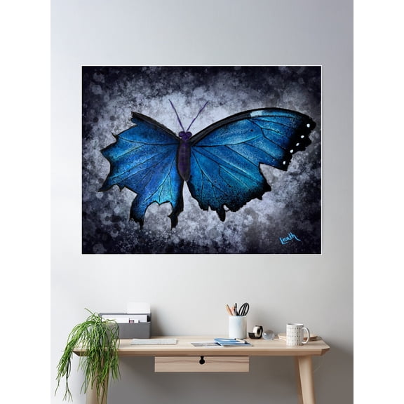 Moody Blue Butterfly Poster Wall Art, Modern Wall Decor For Living Room Bedroom, 24x36 UNFRAMED