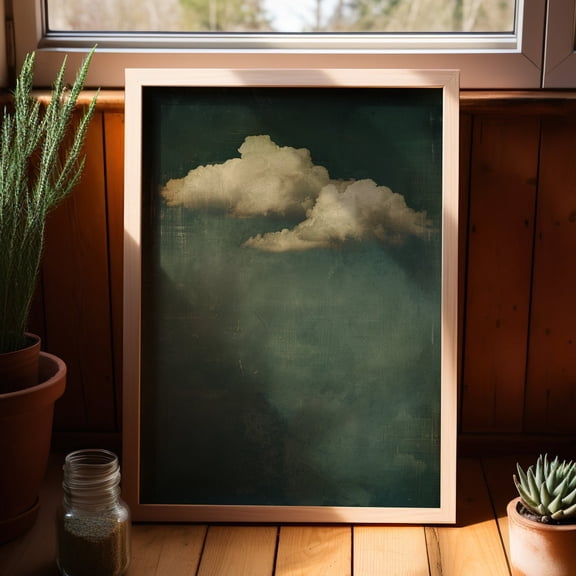 Moody Blue Clouds Wall Art, Vintage Modern Sky Decor, Unframed Canvas Size 24x36