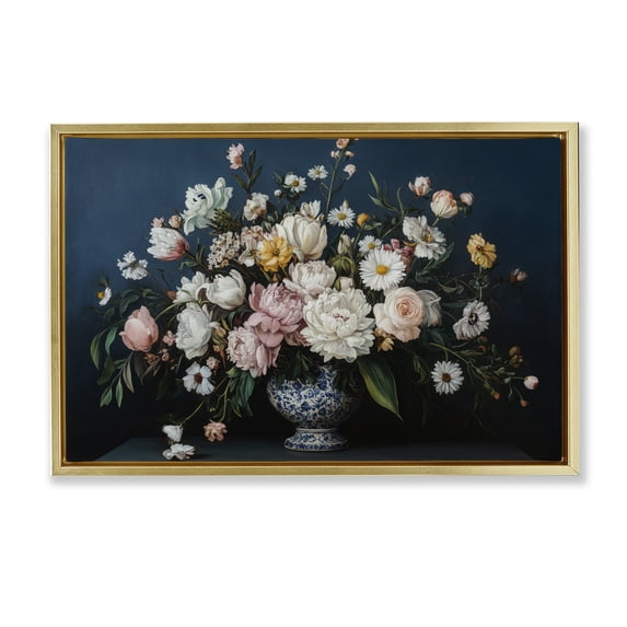 Stupell Industries Moody Blue Floral Vase Gold Framed Floater Canvas Wall Art, design by Petal Prints Design