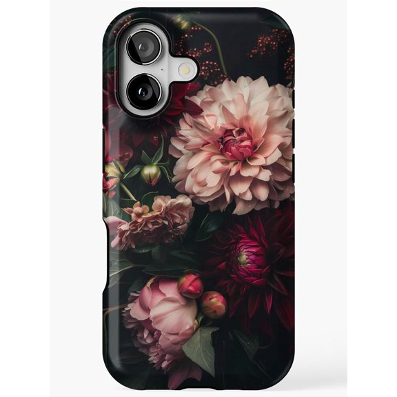 Moody Blush Pink and Burgundy Dahlia Floral Tough Case for Apple iPhone Series, Polycarbonate and TPU
