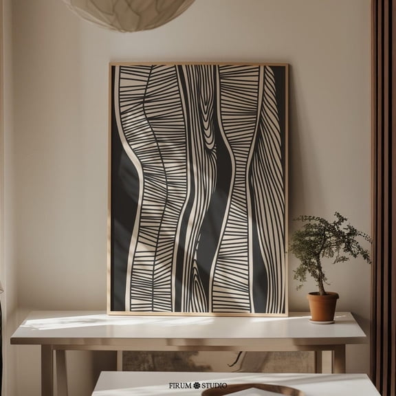 Moody Boho Abstract Lines Modern Black And Beige Print Loft Wall Art Contemporary Room Decor For Living Room