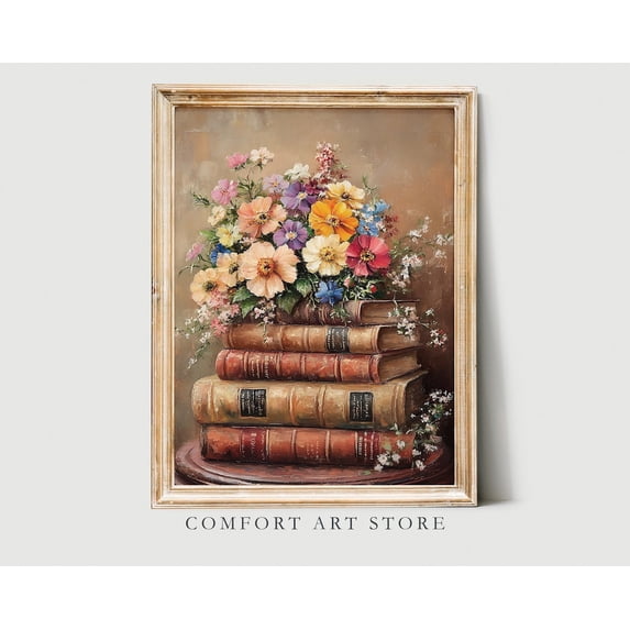 Book Stack Print Moody Book Stack Wall Art Print, Spring Wildflowers And Dark Academia ...
