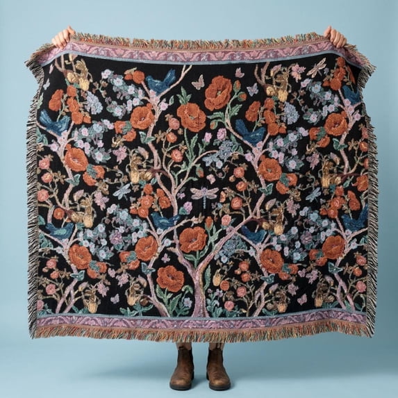 Moody Botanical Tree of Life Woven Throw Blanket, Cotton with Fringed ...