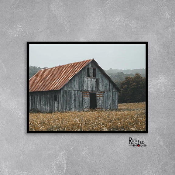 Moody Botanical Vintage Drawing Classic Farmhouse Sketch Rustic Tin Roof Barn Weathered Country Rural Field Photo, UNFRAMED Size 16x16