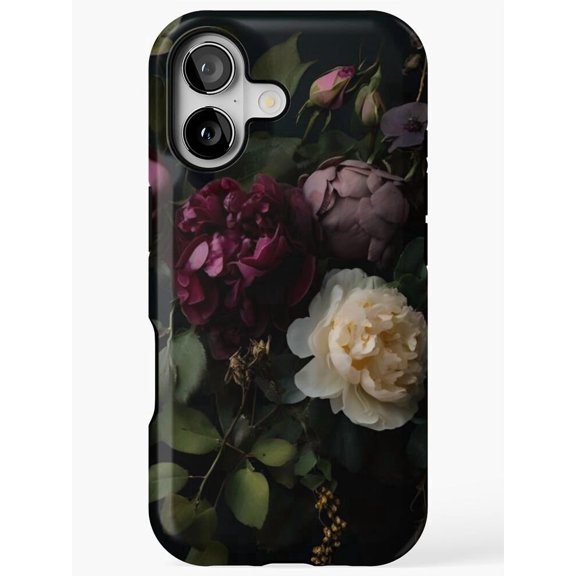 Moody Burgundy and Ivory Peony Floral Tough iPhone Case, Polycarbonate Shell with TPU Liner