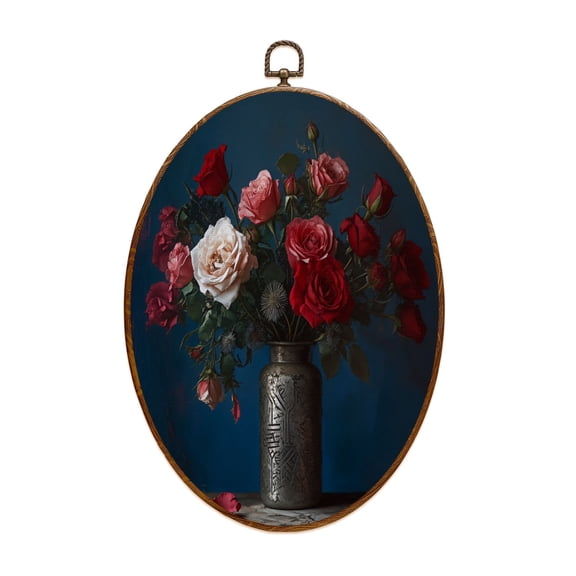 Moody Canvas Wall Art Dark Moody Rose Floral Retro Red Flower Botanical Roses Vase Petals Leaves Dark Oval Framed Canvas Prints Vintage Wall Hanging Decor for Home Decorations 8.6"x11.4"