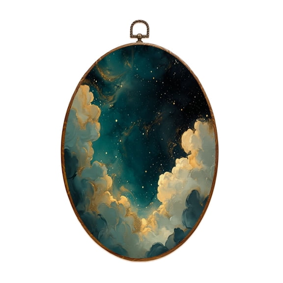 Moody Canvas Wall Art Vintage Gold Moody Celestial Cloud Print Maximalist Gothic Clouds Stars Golden Oval Framed Canvas Prints Vintage Wall Hanging Decor for Home Decorations 8.6"x11.4"