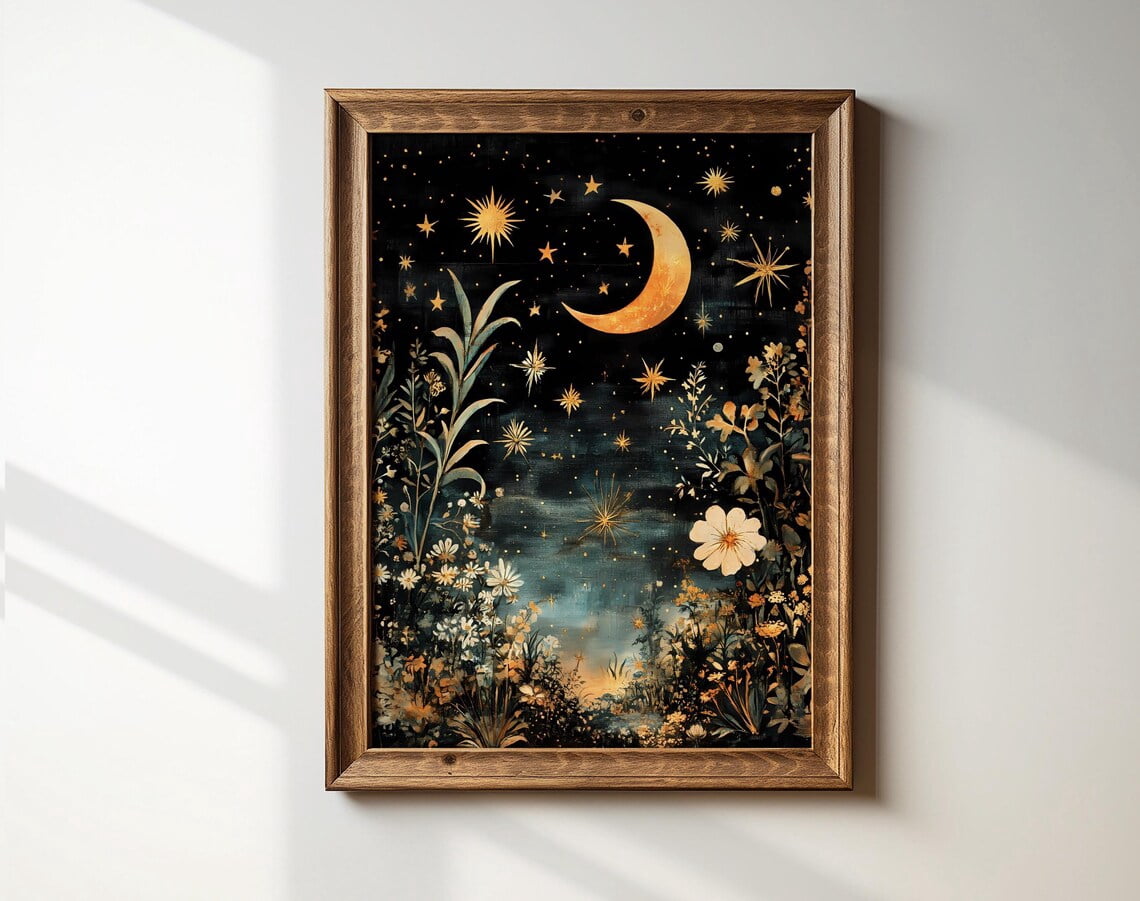 Moody Celestial Poster Moon Stars Flowers Dark Stargazing Night Sky ...
