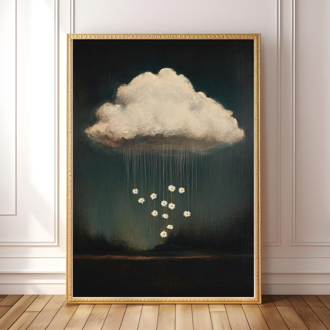 Moody Cloud And Daisy Rain Wall Art Print, Whimsical Dark Cottagecore ...