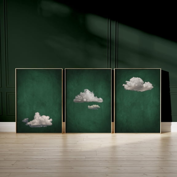 Moody Cloud Wall Art Prints Emerald Green Decor Prints Minimalist Living Room Decor Wall Art Dark Green Sky Art Print Set 3