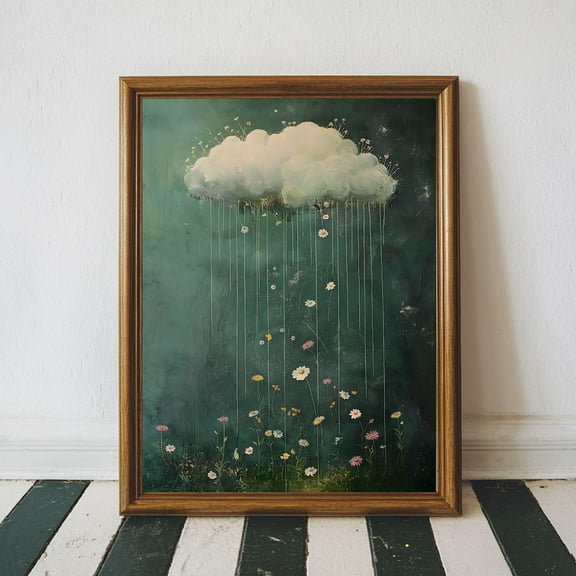 Moody Cloud Wall Art, Raining Cloud And Wildflower Landscape, Sage Green Wall Art, Vintage Cottagecore Wildflowers Art Home Decor, 8x12 UNFRAMED
