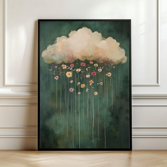 Moody Cloud Wall Art, Raining Cloud and Wildflower Landscape , Green Wall Art, Vintage Cottagecore Printable Wildflowers Art Decor, Size 12x18 UNFFRAMED F03.1.5l1805