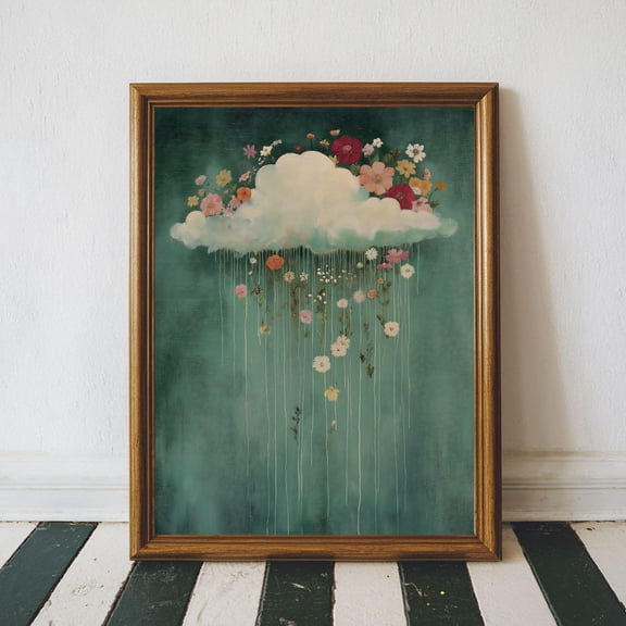 Moody Cloud Wall Art, Raining Cloud and Wildflower Landscape , Green Wall Art, Vintage Cottagecore Printable Wildflowers Art Decor, Size 8x12 UNFFRAMED F03.1.5l1802