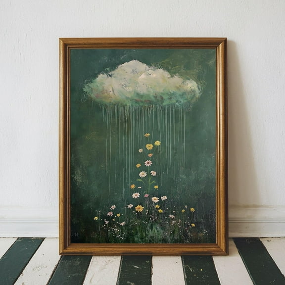 Moody Cloud Wall Art, Raining Cloud and Wildflower Landscape Poster Wall Art , Sage Green Wall Art, Vintage Cottagecore Printable Wildflowers Art, Size 8x12 UNFFRAMED