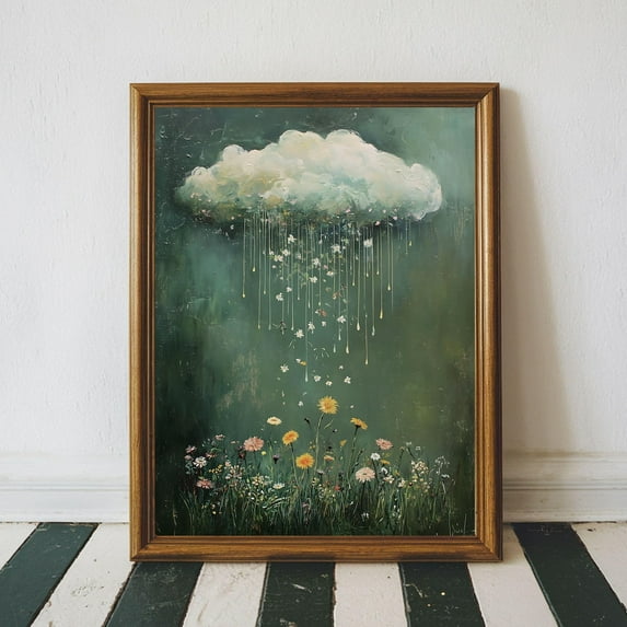 Moody Cloud Wall Art, Raining Cloud and Wildflower Landscape, Vintage Cottagecore Wildflowers Art, Size 24x36 UNFFRAMED