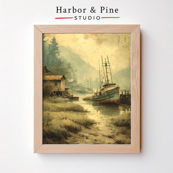 Moody Coastal Fishing Boat Quiet Harbor Nautical Scene, Unframed Paper Poster 8x10in